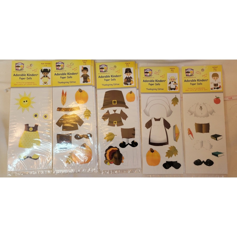 Adorable Kinders Paper Dolls Lot 5 Sets Thanksgiving Edition Pilgrim Indian Boy